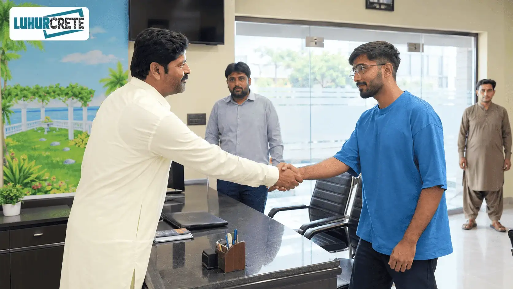 Business client handshake at Luhur Crete corporate office