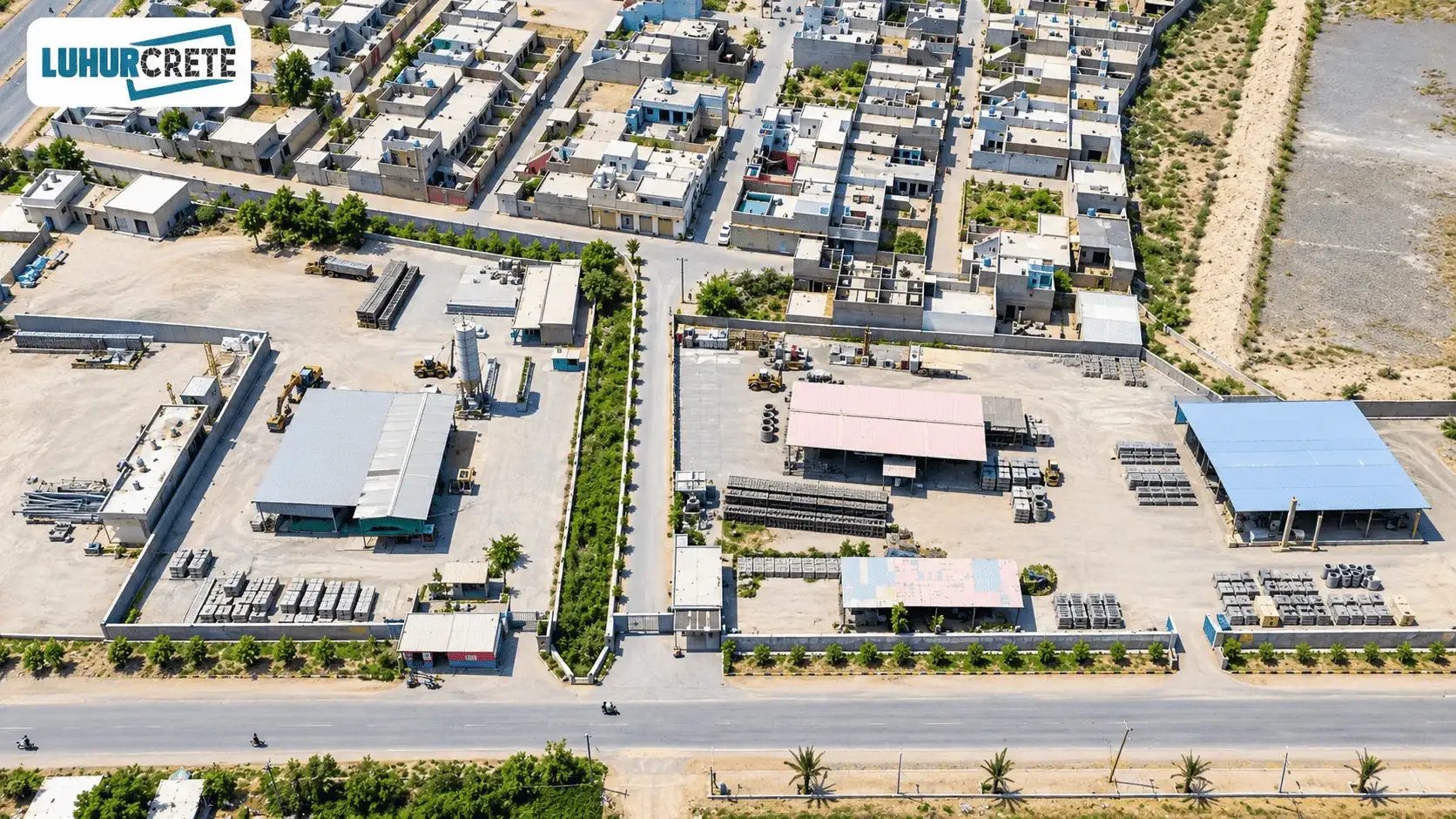 Aerial drone view of Luhur Crete manufacturing facility and storage yards