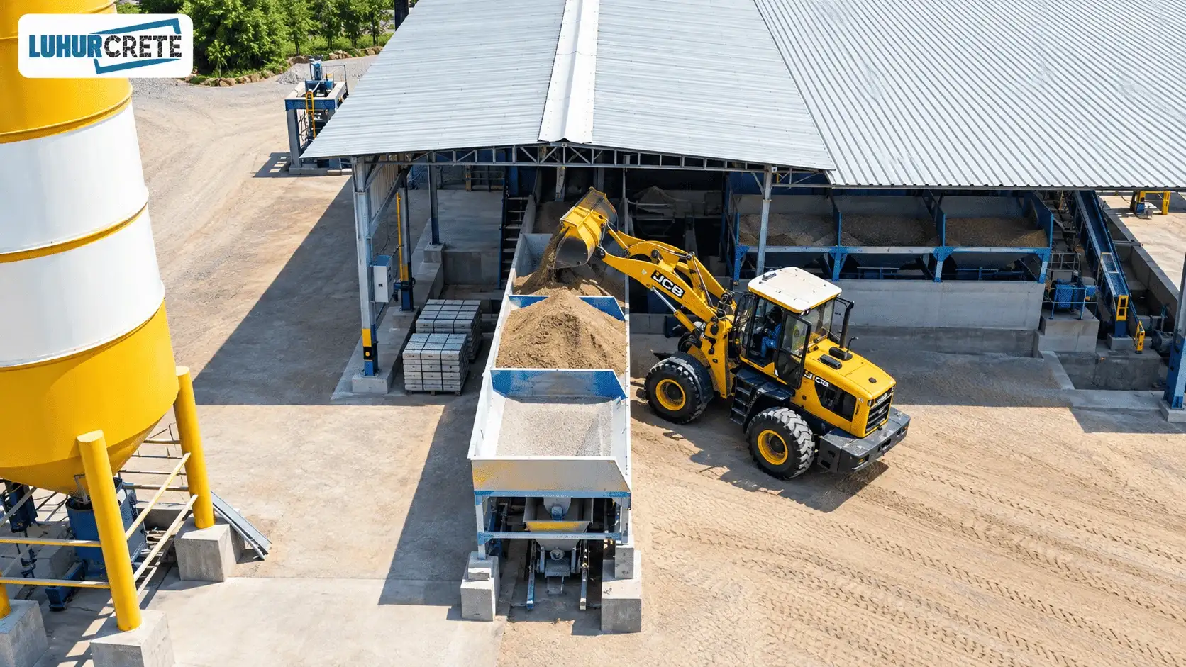 JCB wheel loader loading sand into batching bins at Luhur Crete plant