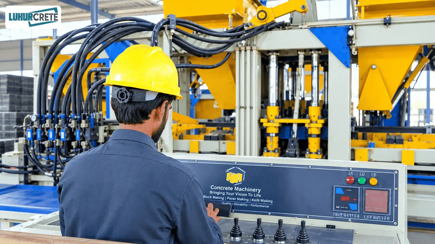 Operator controlling hydraulic concrete block and paver machine at Luhur Crete