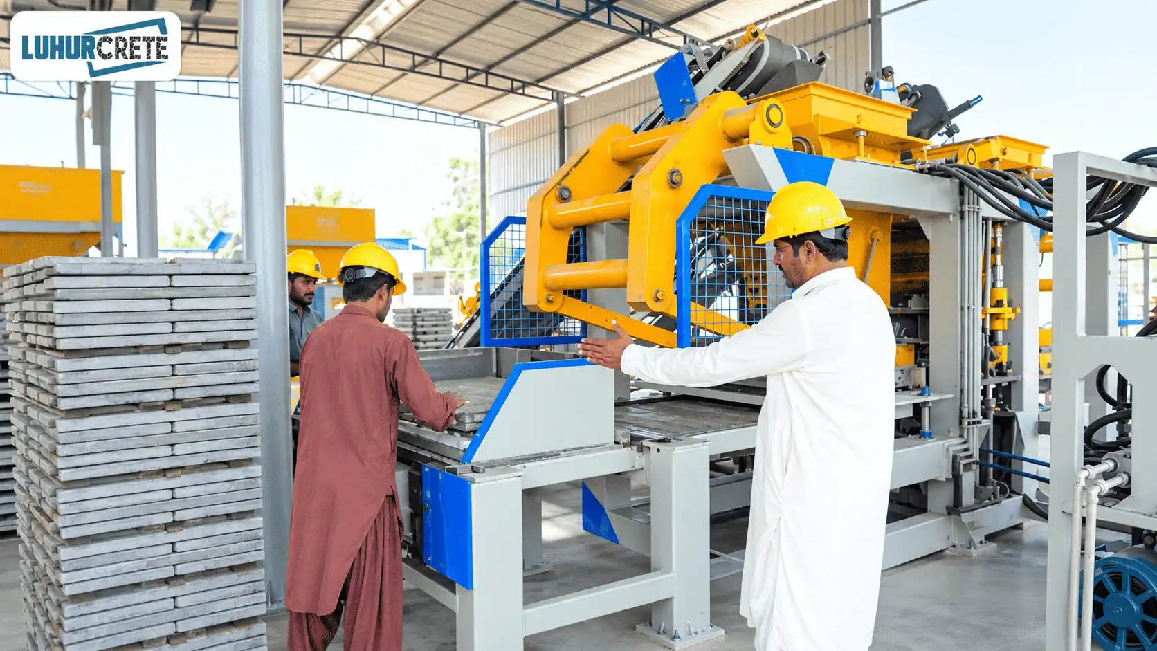 Supervisor instructing workers at automatic concrete block machine