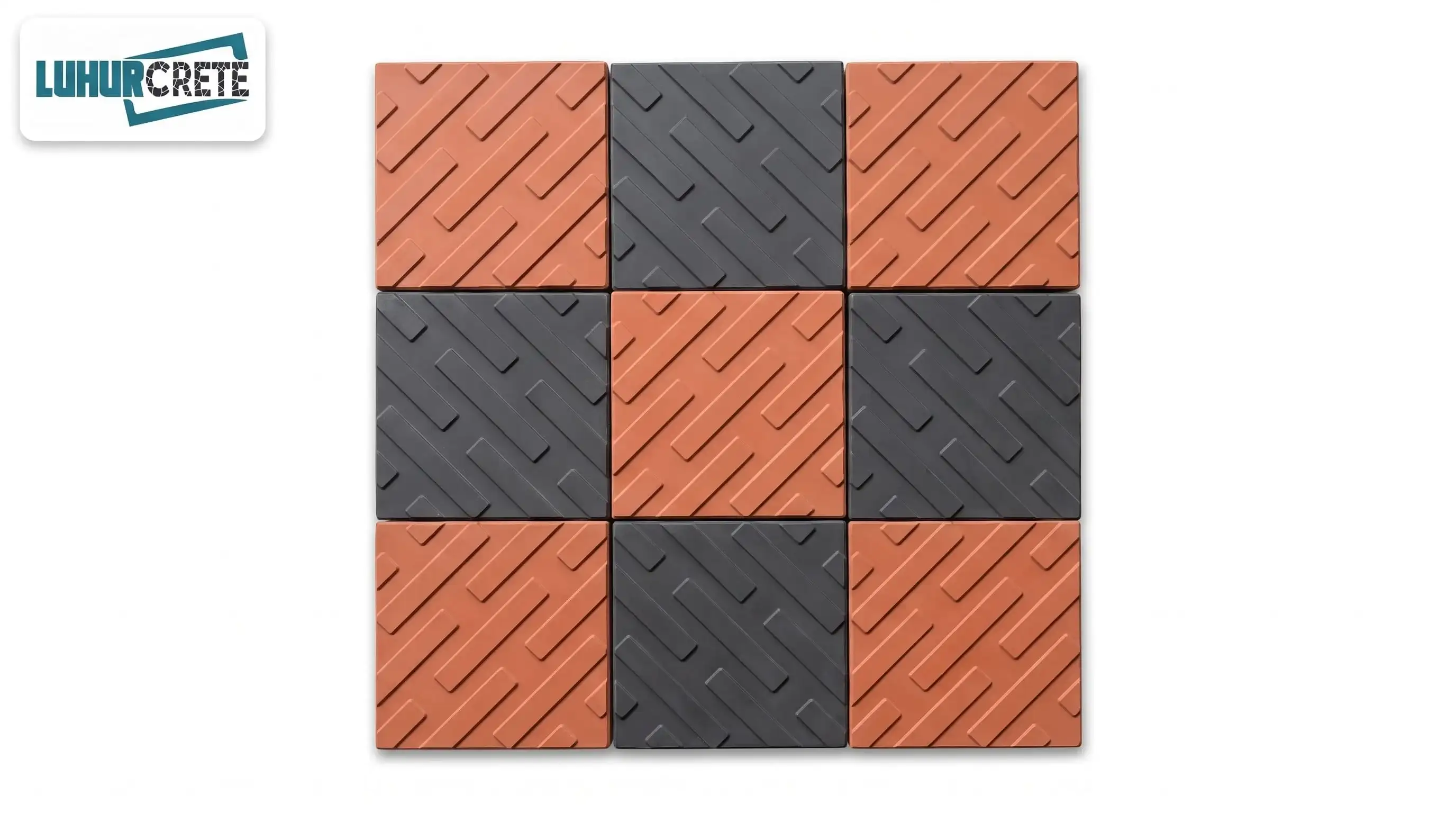 Square textured tuff pavers in a red and black pattern